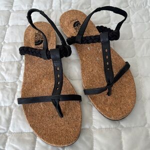 North Face Womens 10 TStrap Black Leather Cork Ortho Comfort Dressy Dress Sandal